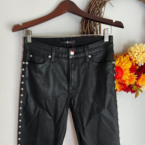 7 for All Mankind Womens Studded Shiny Coated Skinny Ankle Jean Sz 27 Black Fray - Picture 3 of 12
